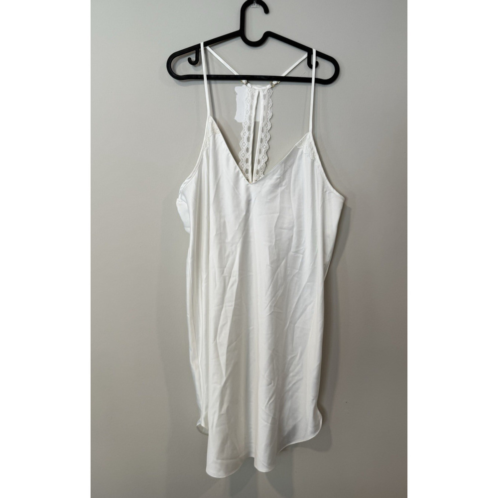 Flora Nikrooz Chemise White Slip Lace Racerback Adjustable Satin V Neck XL X1296